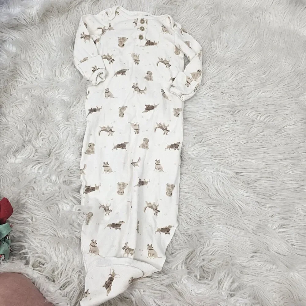 Rabbit Bear White Puppy Print Knot Gown Size 6-9M Months